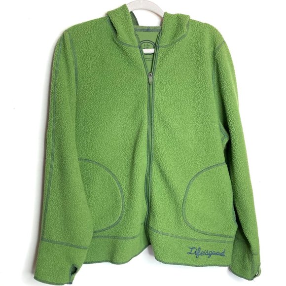 Life Is Good Tops - LIfe Is Good Fleece Jacket Hoodie Green Full Zip Thumb Holes Cozy Embroidered XL